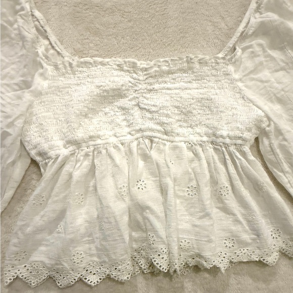 American Eagle Large Smocked White Peplum Blouse Boho Cottagecore LongSleeve Top - Picture 3 of 15